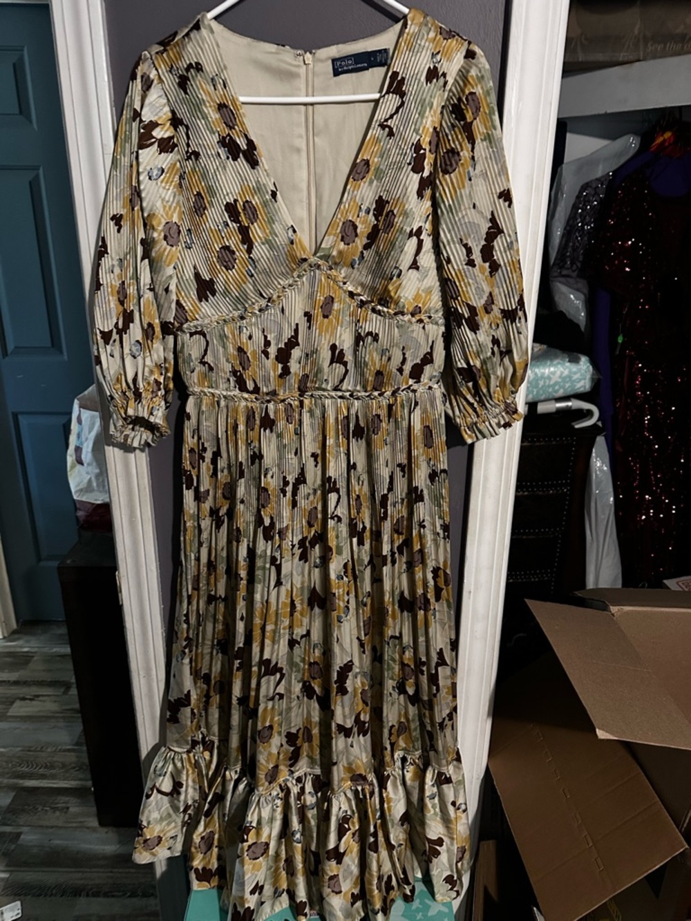 Polo by Ralph Lauren Olive Beige Floral Pleated Midi Dress